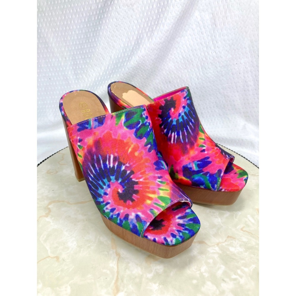 Rouge Helium Tie Dye Platform Block Heel Sandals Womens 7.5 Multicolor 70s NEW
